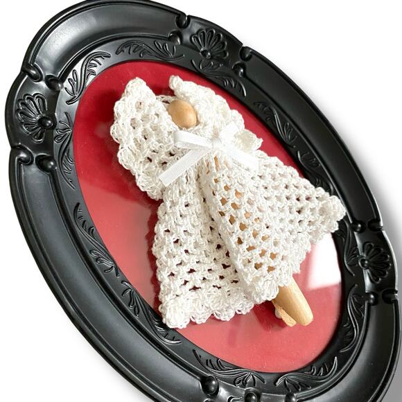 Handmade Close Pin Angel Artwork Crochet Dress Black Ornate Frame Unique - Picture 7 of 10